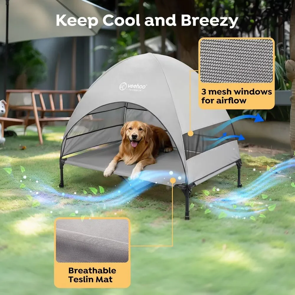Cooling Elevated XL Outdoor Dog Bed w Canopy Portable Shade Cot, Grey 49 x 43.5